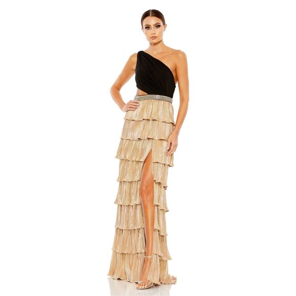 MAC DUGGAL METALLIC ONE SHOULDER RUFFLE TIERED GOWN
